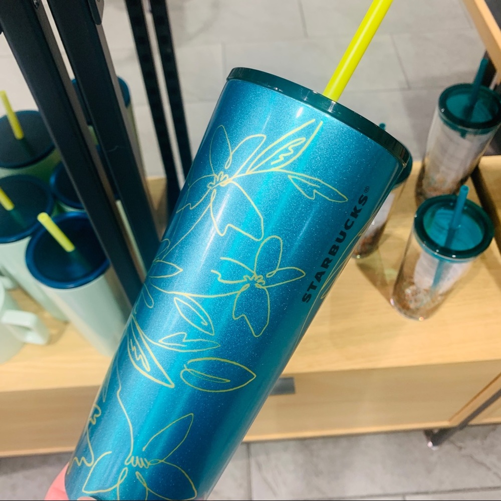 Starbucks Floral Stainless Steel Cup Teal Glitter Tumbler Venti 24oz New 2022